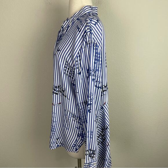 Chico's Blue White Stripe Graphic Long Sleeve Button Top 2 - Picture 4 of 7